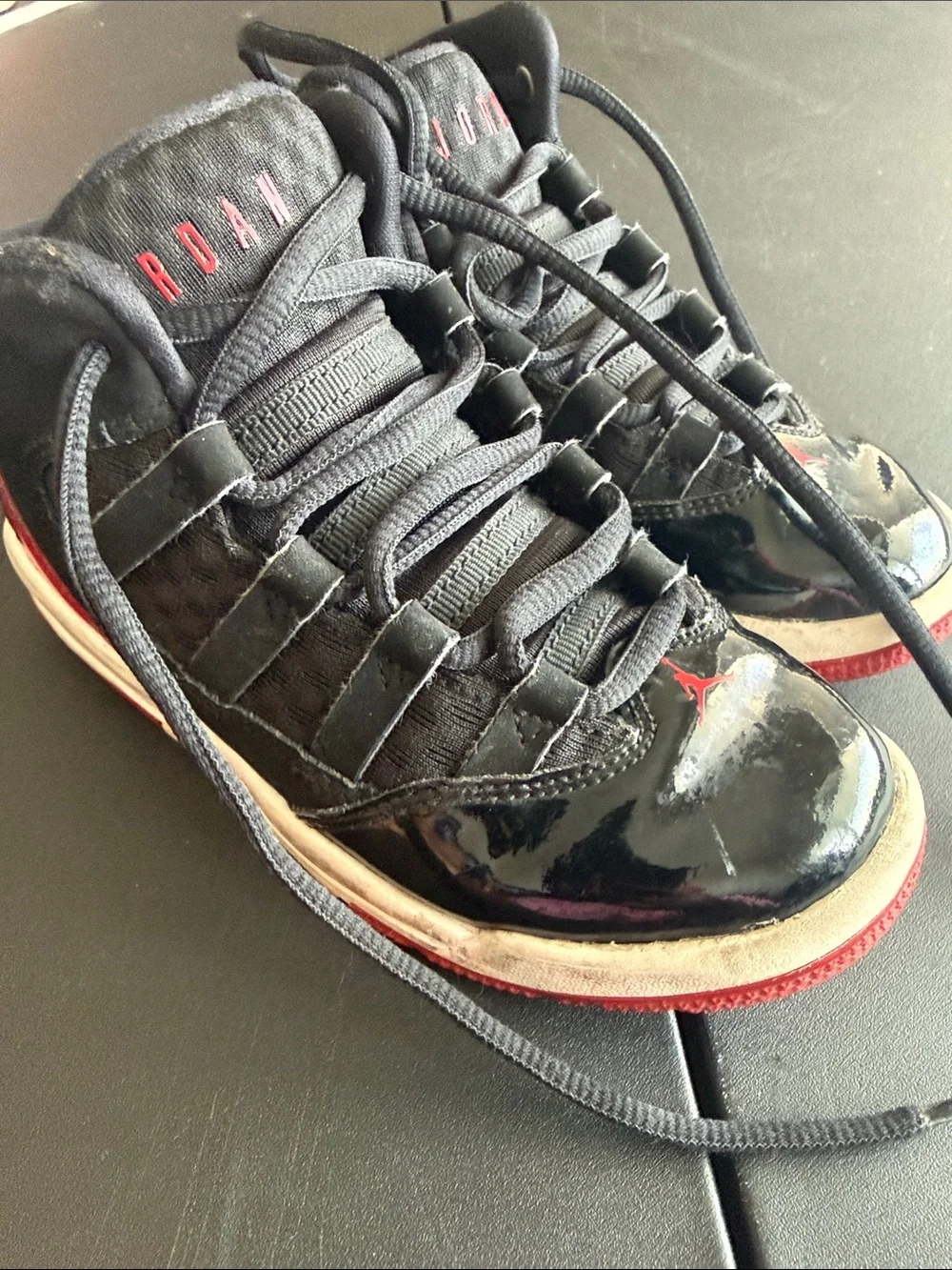 Jordan kids  Black Patent Leather Sneakers with Red Accents